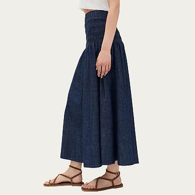Women’s Denim Maxi Skirt with Smocked Waist Detail and Soft Structured A-Line Shape
