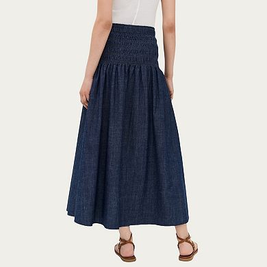 Women’s Denim Maxi Skirt with Smocked Waist Detail and Soft Structured A-Line Shape