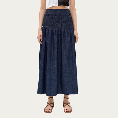 Women’s Denim Maxi Skirt with Smocked Waist Detail and Soft Structured A-Line Shape