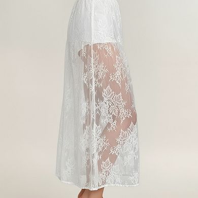Women’s Floral Lace Midi Skirt with Sheer Embroidered Detail Soft Flowing Drape