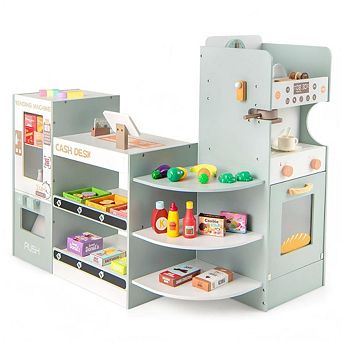 Kids Wooden Grocery Store Playset with Coffee Maker and Vending Machine