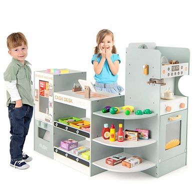 Kids Wooden Grocery Store Playset with Coffee Maker and Vending Machine