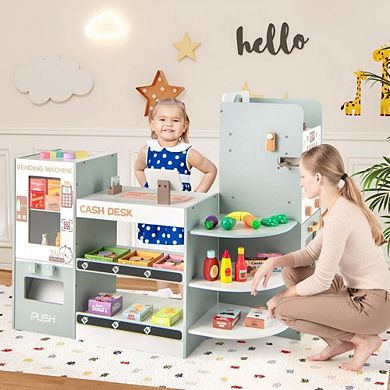 Kids Wooden Grocery Store Playset with Coffee Maker and Vending Machine