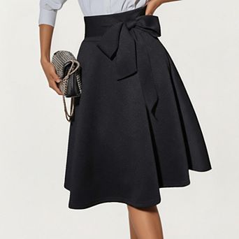 Women’s Flared Midi Skirt with Structured High Waist and Oversized Bow Detail