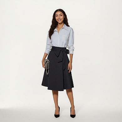 Women’s Flared Midi Skirt with Structured High Waist and Oversized Bow Detail