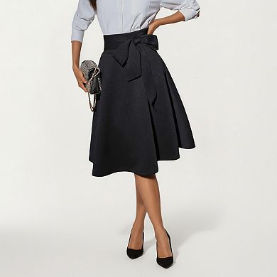 Women’s Flared Midi Skirt with Structured High Waist and Oversized Bow Detail