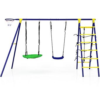 5 in 1 Outdoor Kids Swing Set with A Frame Structure and Ground Stakes