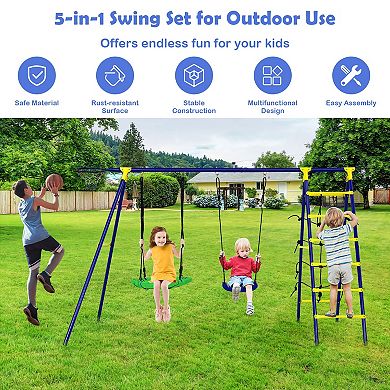 5 in 1 Outdoor Kids Swing Set with A Frame Structure and Ground Stakes