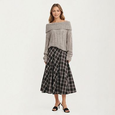 Women’s Plaid Midi Skirt with Soft Full-Length A-Line Silhouette and Gentle Pleated Movement
