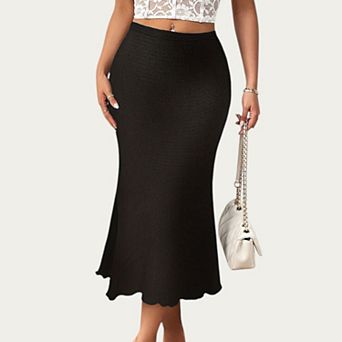 Women’s Textured Knit Midi Skirt with Soft Stretch Fabric High Waist Silhouette and Flowing Hemline