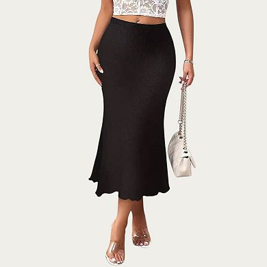 Women’s Textured Knit Midi Skirt with Soft Stretch Fabric High Waist Silhouette and Flowing Hemline