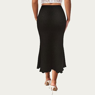 Women’s Textured Knit Midi Skirt with Soft Stretch Fabric High Waist Silhouette and Flowing Hemline