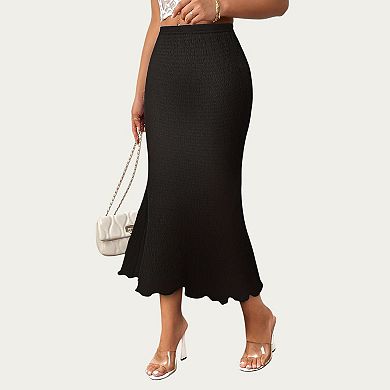 Women’s Textured Knit Midi Skirt with Soft Stretch Fabric High Waist Silhouette and Flowing Hemline