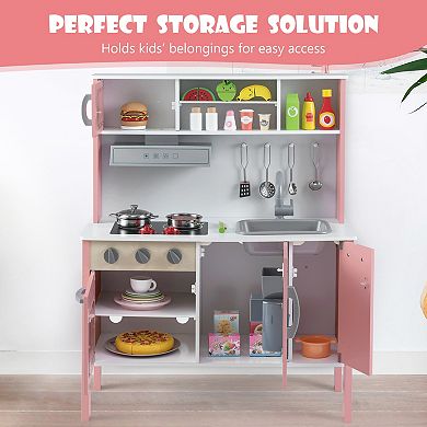 Wooden Play Kitchen Set With Sink, Stoves, Microwave and 18 Pieces