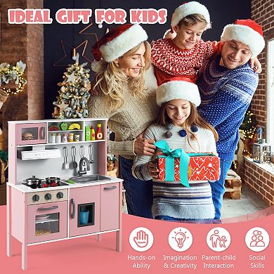 Wooden Play Kitchen Set With Sink, Stoves, Microwave and 18 Pieces