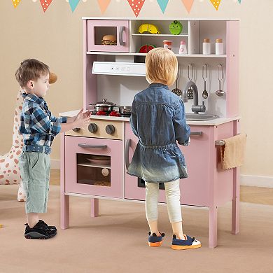 Wooden Play Kitchen Set With Sink, Stoves, Microwave and 18 Pieces