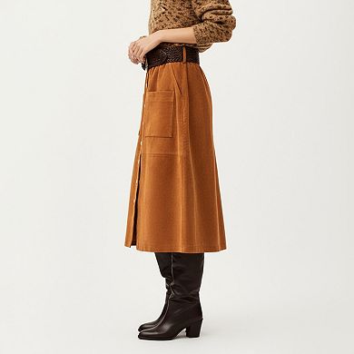 Women’s Button Front Midi Skirt with Soft Corduroy Texture and Flattering A-Line Shape