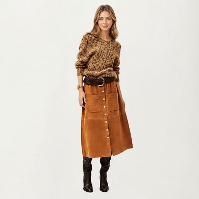 Women’s Button Front Midi Skirt with Soft Corduroy Texture and Flattering A-Line Shape
