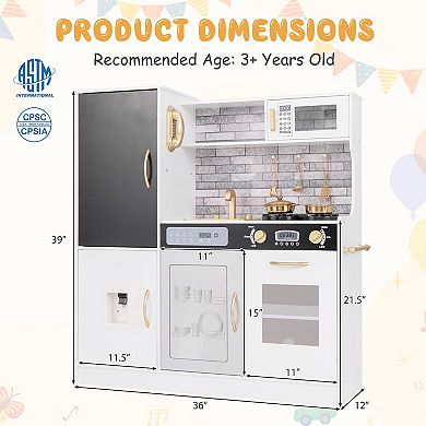 Wooden Kids Play Kitchen Set with Chalkboard, Lights, Sounds, and Storage