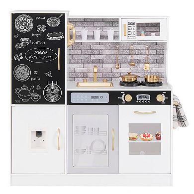 Wooden Kids Play Kitchen Set with Chalkboard, Lights, Sounds, and Storage