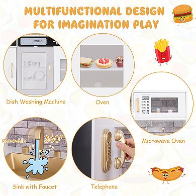 Wooden Kids Play Kitchen Set with Chalkboard, Lights, Sounds, and Storage