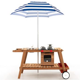 Kids Wooden Kitchen Cart Playset with Umbrella, Sink, Stove and Storage
