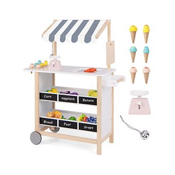 Kids Wooden Ice Cream Cart with Chalkboard and Storage for Ages 3 and Up