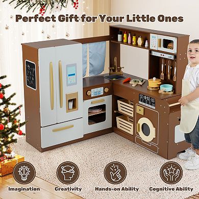 Wooden Corner Play Kitchen Set With Lights Sounds And 22 Accessories