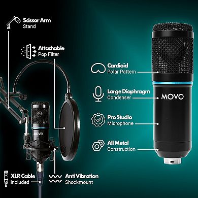 Movo PodPak Podcast Equipment Bundle with Microphone, Boom Arm, and Pop Filter
