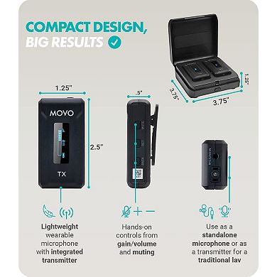 Movo WMX-2 Wireless Lavalier Microphone System with Charging Case for Cameras
