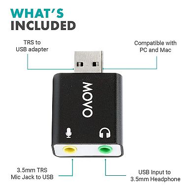 Movo USB-AC 3.5mm TRS Microphone to USB 2.0 Stereo Audio External Sound Card Adapter for PC and Mac