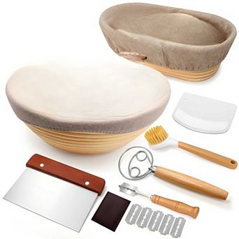Banneton Bread Proofing Gift Set, 9" Round & 10" Oval Baskets with Lame, Whisk, Scrapers