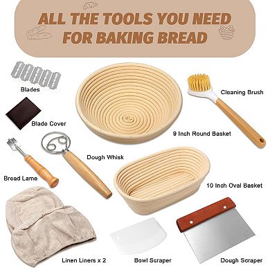 Banneton Bread Proofing Gift Set, 9" Round & 10" Oval Baskets with Lame, Whisk, Scrapers