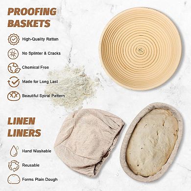 Banneton Bread Proofing Gift Set, 9" Round & 10" Oval Baskets with Lame, Whisk, Scrapers