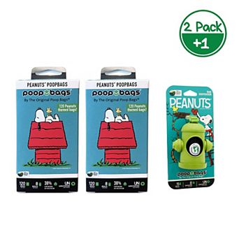 The Original Poop Bags® Peanuts Snoopy Leash Dispenser w/ 15 Waste Bags and 3 packs of Snoopy 120 Pet Waste Bags (375 bags)