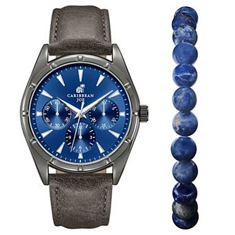 Caribbean Joe Men's 42mm Chronograph Watch & Genuine Gem Stretch Bracelet Set