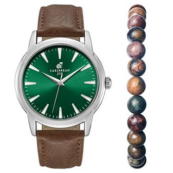 Caribbean Joe Men's 42mm Green Dial Watch & Genuine Gem Stretch Bracelet Set