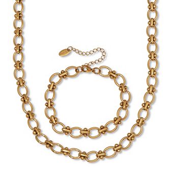 PalmBeachJewelry Round Yellow Gold Ion-Plated Stainless Steel Link Necklace Set, 18 to 20-inch