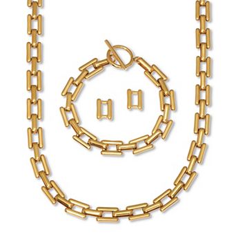 PalmBeachJewelry Yellow Gold Ion-Plated Stainless Steel Square Link Jewelry 3 pc Set