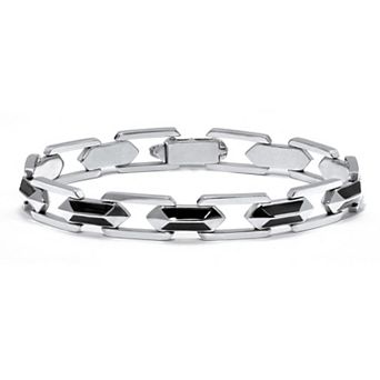 Men's Stainless Steel Link and Black Enamel Bracelet 8-inch