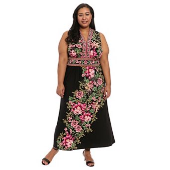 Plus Size London Times V-Neck Sleeveless Floral Sheath Maxi Dress