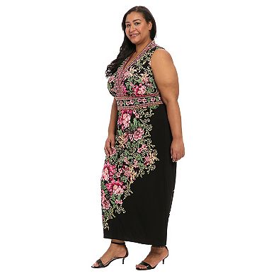 Plus Size London Times V-Neck Sleeveless Floral Sheath Maxi Dress