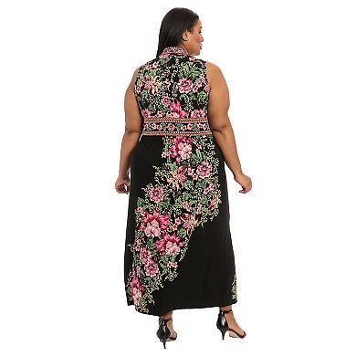 Plus Size London Times V-Neck Sleeveless Floral Sheath Maxi Dress