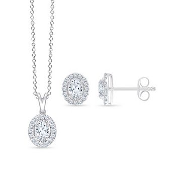 Brilliant Love Sterling Silver Lab-Grown Diamond Oval Halo Pendant Necklace & Stud Earring Set