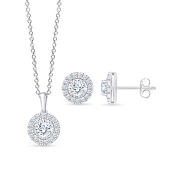 Brilliant Love Sterling Silver 1 1/2 Carat T.W. Lab-Grown Diamond Halo Earring & Pendant Set