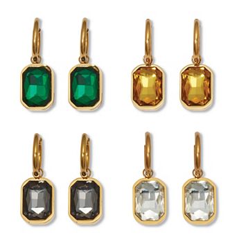 PalmBeach Jewelry Emerald Cut Crystal Yellow Gold Ion-Plated Stainless Steel Earrings Set
