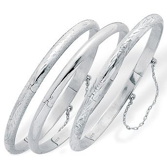 PalmBeach Jewelry Polished, Engraved and Floral Three-Piece Sterling Silver Bangle Set