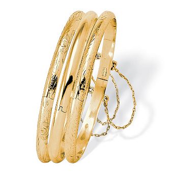 Yellow Gold-Plated Sterling Silver Polished, Engraved and Floral 3 pc Set Bangle Bracelet Set