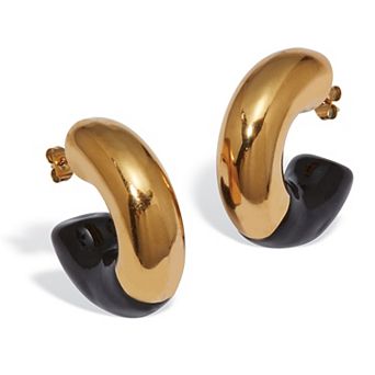 PalmBeach Jewelry Yellow Gold Ion-Plated Stainless Steel Black Enamel Chunky Hoop Earrings