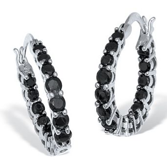 PalmBeach Jewelry Round Black Crystal Silvertone Hoop Earrings